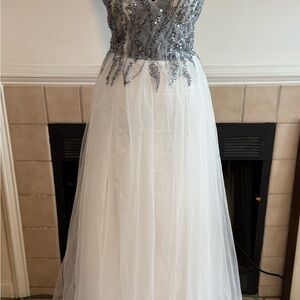 White Ballgown with Tulle and Gray Sequin Accents